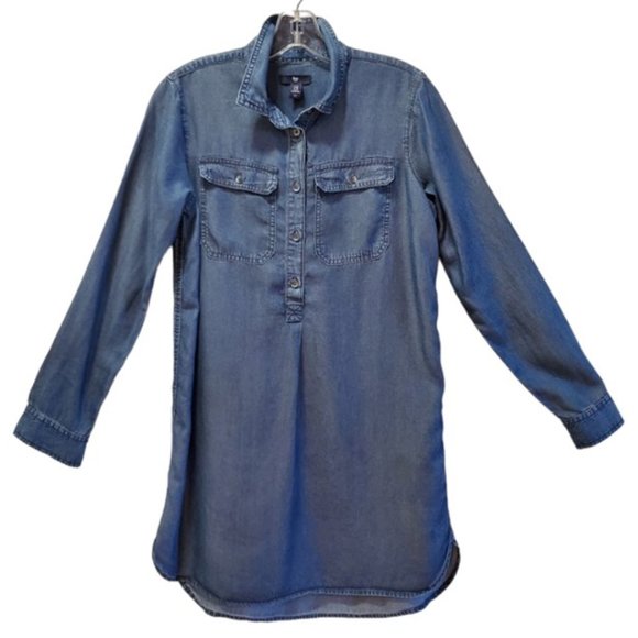 GAP Lightweight Blue Denim Long-Sleeve Collared Flap Pockets Shirt Dress Size XS - Picture 1 of 7